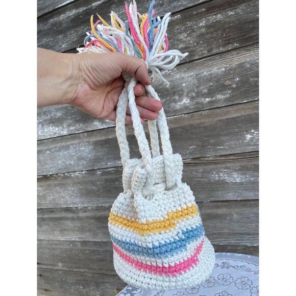 Vintage 1970s Cotton Crochet Pastel Stripe Drawstring Bag Purse - Picture 13 of 13